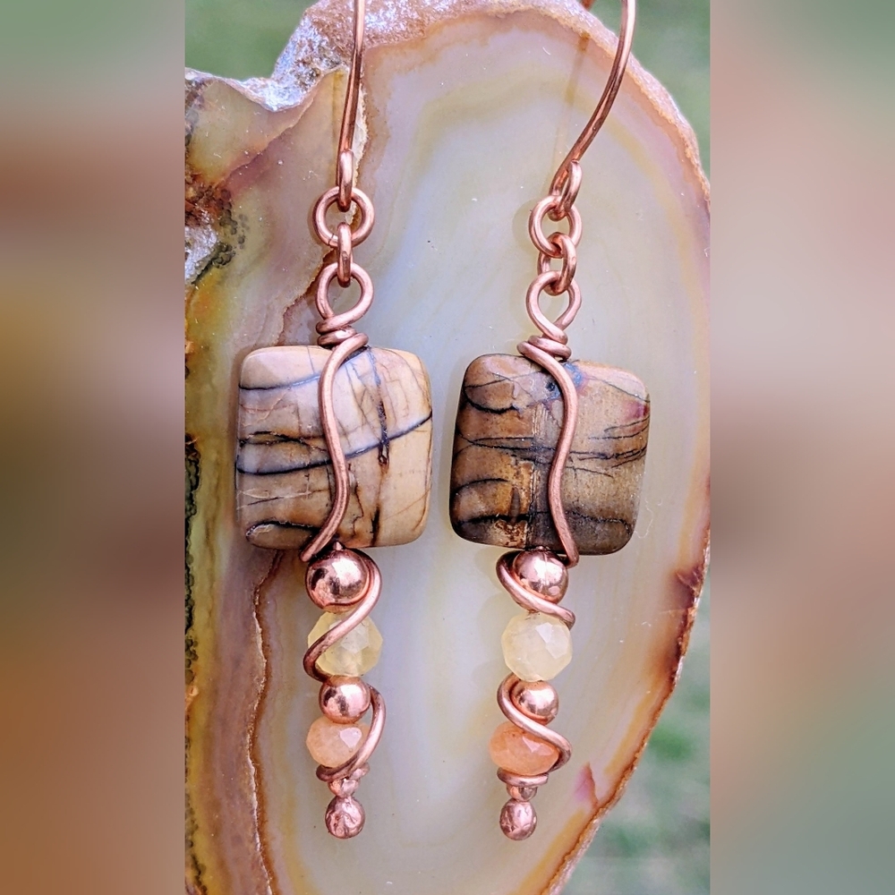 Desert Vibes Jasper Earrings Artisan Copper Wire Wrapped Design - Picture 6 of 12